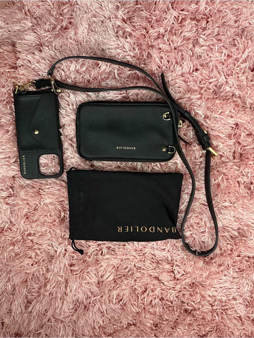 Bandolier Black Pebbled Leather Crossbody Phone Wallet with Strap